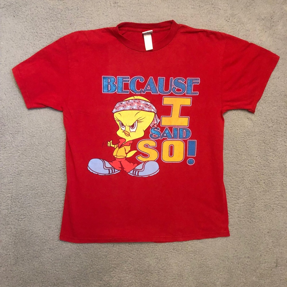 Vtg Looney Tunes Tweety Bird Because I Said So Red Glitter Graphic Shirt L XL